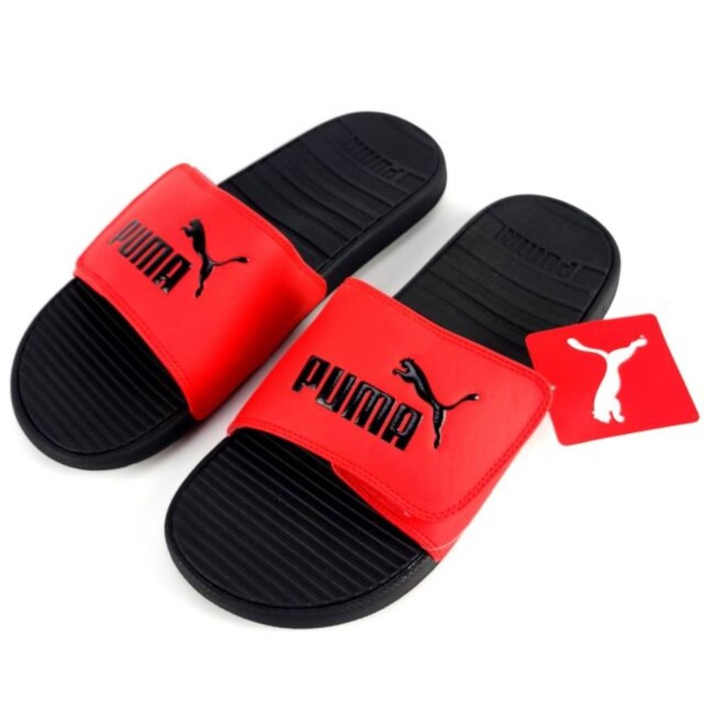 PUMA AUTHENTIC COOL CAT V SPORT MEN'S BLACK RED SLIP ON SLIDES SANDALS